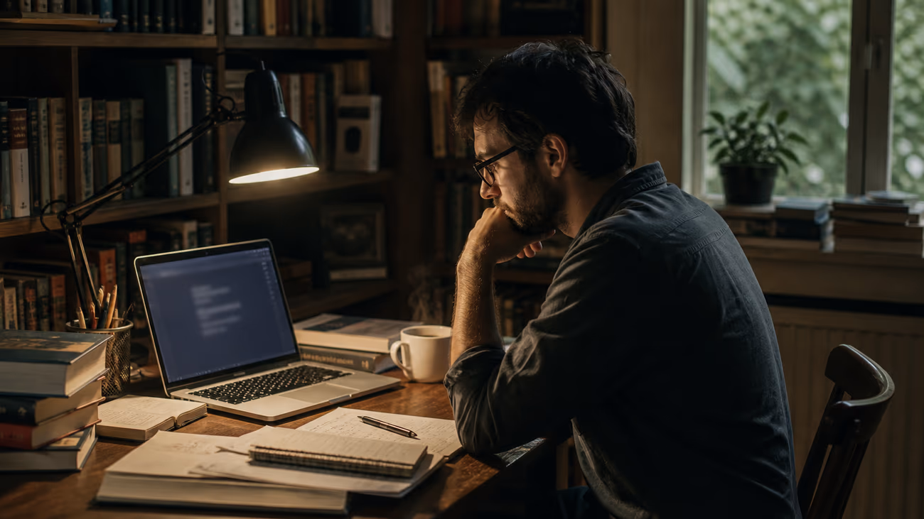 researcher in a study with laptop and books