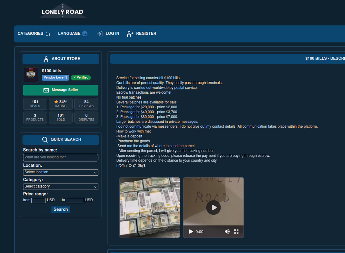 Darknet site selling counterfeit dollars interface